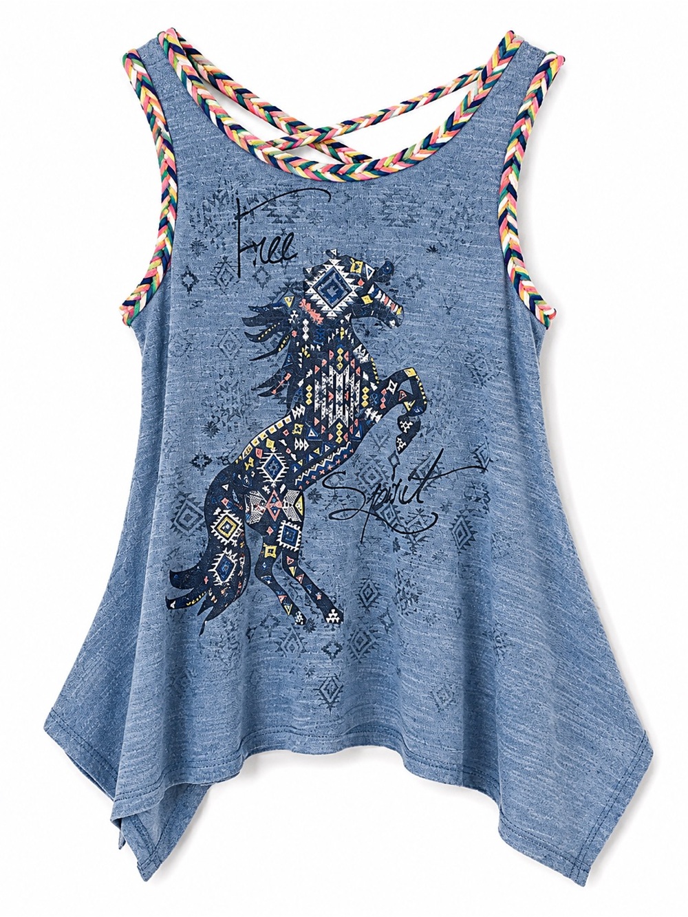 Beautees Blue Southwestern Horse Graphic Braided Trim Sharkbite Girls Tank Top M